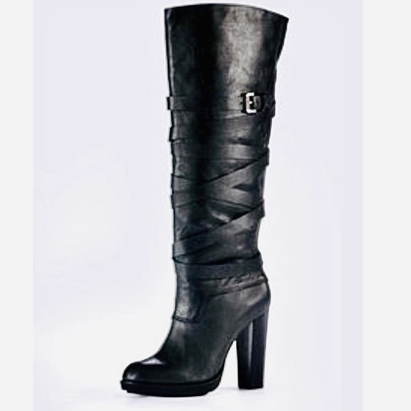 Michael Kors Greenwich Belted Leather Stacked Heal Platform Knee High - Picture 1 of 15